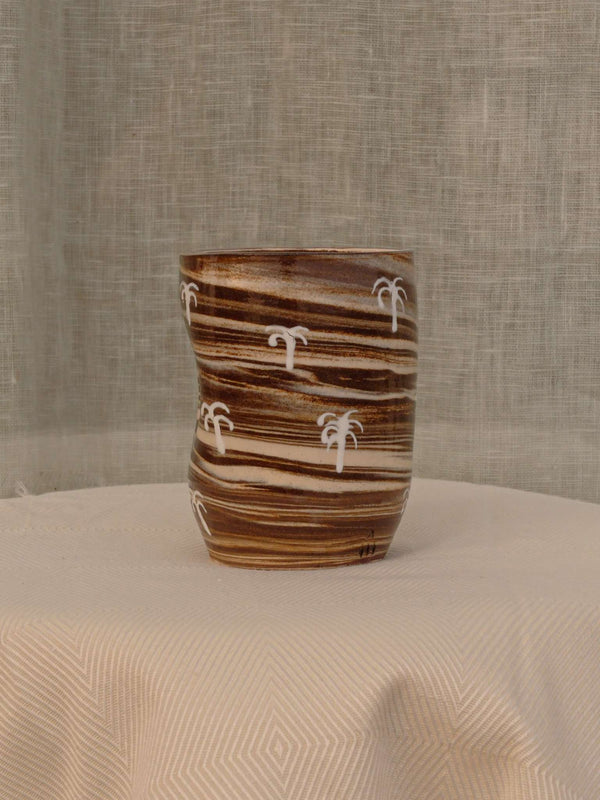 Wheel-thrown two-tone swirl ceramic tumbler with thumb rest