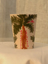 Wheel-thrown ceramic mug with wavy handle and Arabic calligraphy