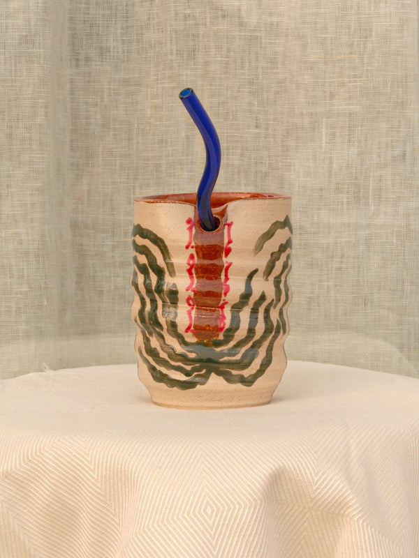 Wheel-thrown swirl ceramic tumbler with palm trees and Arabic calligraphy