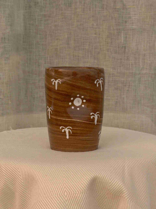 Wheel-thrown two-tone swirl ceramic tumbler with thumb rest