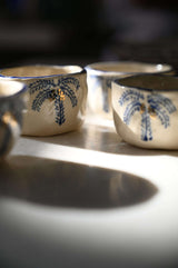 Handmade Arabic gahwa finjan with blue palm tree and gold date decoration