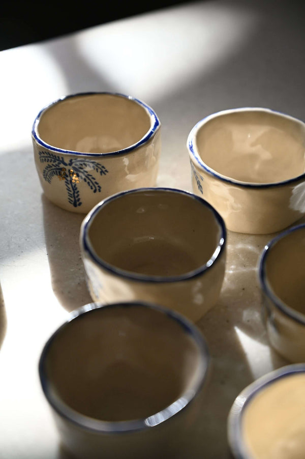 Handmade Arabic gahwa finjan with blue palm tree and gold date decoration