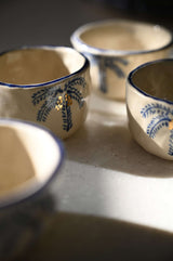 Handmade Arabic gahwa finjan with blue palm tree and gold date decoration