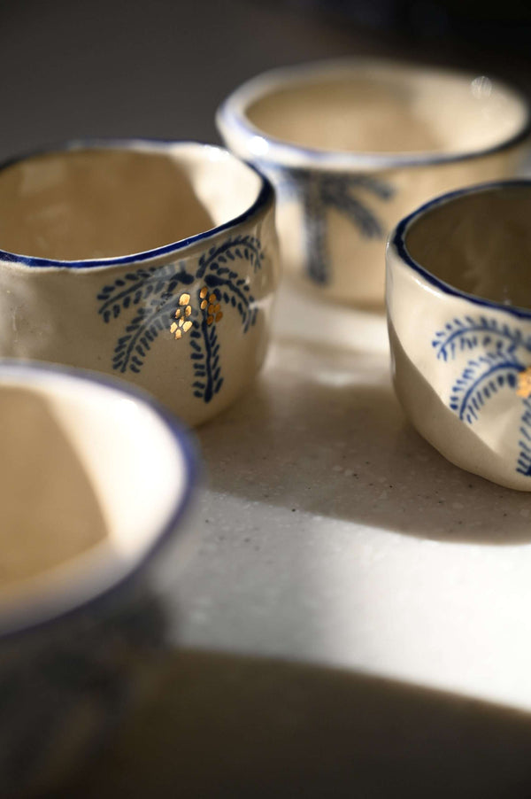 Handmade Arabic gahwa finjan with blue palm tree and gold date decoration